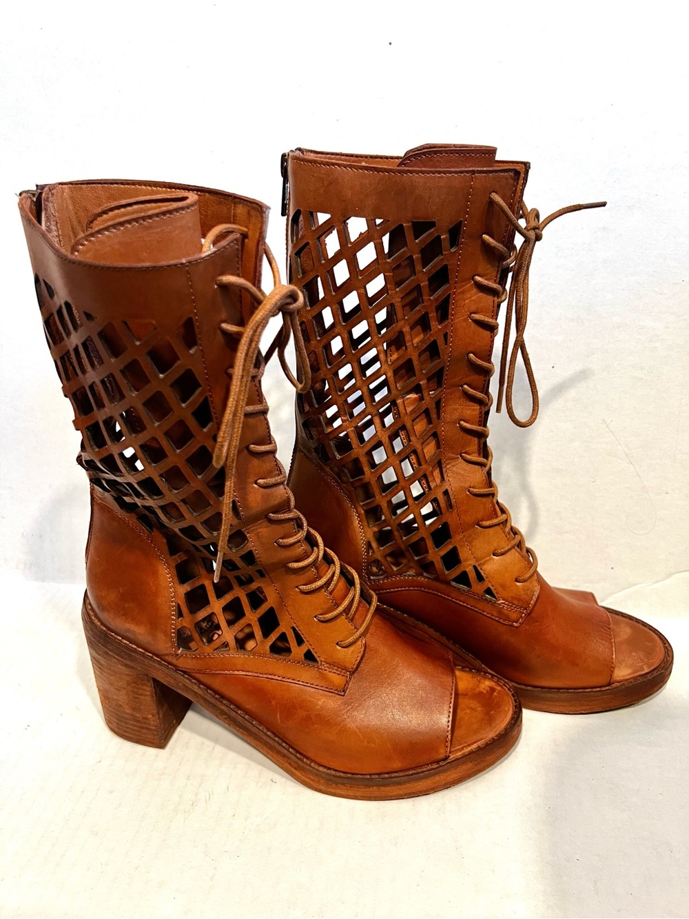 Vintage Foundry Co. Normandy Lace-Up Cutout Leather Heeled Sandal Boot - Brown